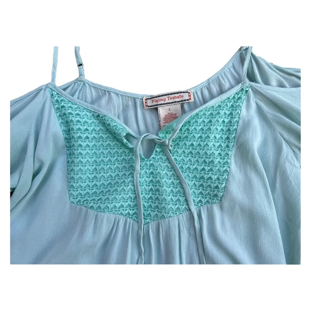 Sz L-Flying Tomato brand mint color cold shoulder dress w/lace accents & tie - Picture 6 of 8